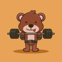 süß Maskottchen, Bär Tier Heben Hantel. Fitnessstudio trainieren Maskottchen, süß Aufkleber, Karikatur Stil vektor