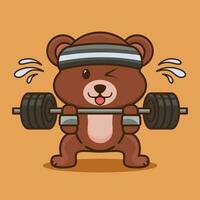 söt maskot, söt tecknad serie Björn lyft skivstång. Gym tecknad serie ikon illustration. platt tecknad serie stil vektor