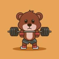 söt maskot, tecknad serie Björn lyft skivstång. Gym maskot tecknad serie vektor ikon illustration