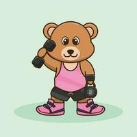 bezaubernd Bär Heben Hantel und Kettlebell. süß Aufkleber, Fitnessstudio trainieren Maskottchen, Karikatur Stil. vektor