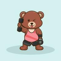 süß Bär Heben Hantel und Kettlebell. Karikatur Maskottchen, Bär Fitnessstudio trainieren, Karikatur Stil. vektor