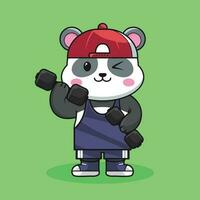 söt maskot panda Björn lyft hantel Gym träna maskot, söt klistermärke, tecknad serie stil vektor