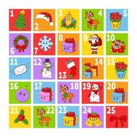 jul adventskalender med söta karaktärer. jultomten, rådjur, snögubbe, gran, snöflinga, gåva, småsak, strumpa. tecknad stil. med siffrorna 1 till 25. vektorillustration. semesterförberedelse. vektor