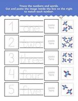 einer zu fünf Nummer und Wort Rückverfolgung Arbeitsblatt. Kinder Schreiben trainieren Arbeitsblatt mit Bilder. Prämie Vektor Element.