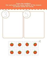 drei und fünf Zählen und Rückverfolgung Nummer Arbeitsblatt. Schnitt und Einfügen Arbeitsblatt mit Tomate Bilder. Prämie Vektor Element.