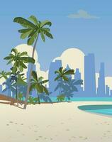 ozeanisch Strand mit Palme Bäume im das Hintergrund von Wolkenkratzer. Vektor. vektor