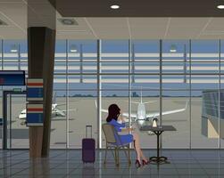 ein Mädchen im ein Flughafen Cafe sieht aus beim das Flugzeuge durch das Fenster. Vektor. vektor