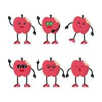 süß beißen rot Apfel tragen Sonnenbrille Charakter anders Pose Aktivität. Obst anders Gesicht Ausdruck Vektor Illustration Satz.