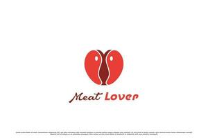 kött kärlek logotyp design illustration. kreativ silhuett av kött i kärlek form enkel platt nötkött hjärta wagyu utsökt restaurang Kafé restaurang gata mat krydda kök recept utsökt smak. vektor