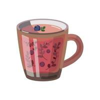 Tasse von Tee mit Kräuter im Karikatur Stil. Blätter von Wald Kräuter und Beeren sind gebraut mit Milch im ein transparent Becher. vektor