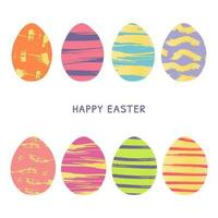 vektor illustration med ägg samling för Lycklig påsk hälsning kort. uppsättning påsk konst på 8 ägg. grunge borstar målad ägg i ljus färger