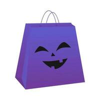 Papier Taschen zum Halloween Einkaufen. lila Pack mit komisch Becher isolieren, Vektor Illustration