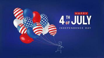 oberoende dag baner med ballonger med amerikan flagga mönster i hedra av 4:e av juli. pojke med ballonger på en mörk blå bakgrund vektor