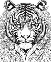 Hand gezeichnet Vektor Färbung Seite von Tiger Porträt. Färbung Seite zum Kinder und Erwachsene. drucken Design, T-Shirt Design, tätowieren Design, Wandgemälde Kunst.