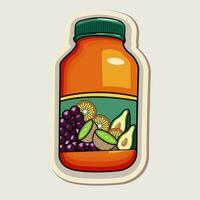 annorlunda frukt Ingredienser flaska i klistermärke stil. vektor