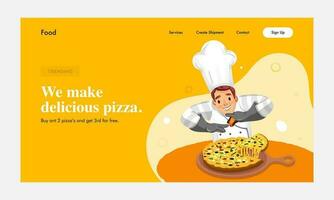 Landung Seite oder Held Banner Design mit Karikatur Koch Charakter präsentieren köstlich Pizza auf Pfanne. vektor