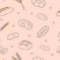 hand dragen sömlös mönster av bageri. bröd och vete öra mönster på rosa bakgrund vektor