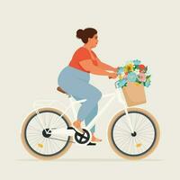 knubbig attraktiv kvinna ridning en cykel med blommor i de korg. vektor illustration i platt stil