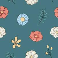 nahtlos Muster mit kindisch Blumen auf Grün Hintergrund. süß Vektor Illustration mit Blumen- Elemente, zum Design, Stoff und Textilien.