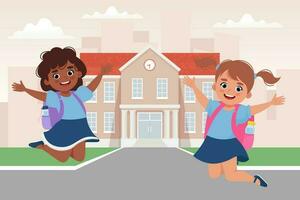 Schüler Mädchen mit Schule Taschen in der Nähe von Schule Gebäude, glücklich Kinder. zurück zu Schule Konzept vektor