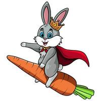 en tecknad serie kanin bär en krona och en cape ridning en morot vektor