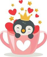 süß Prinz Pinguin Innerhalb Liebe Tasse mit Herzen und Sterne vektor