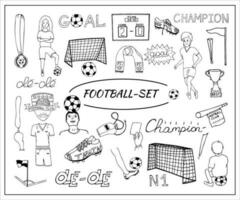 Fußball Clip Art Satz. Gekritzel Sammlung mit Zitate, Figuren, Fußball Ausrüstung. Hand gezeichnet Fußball Symbole. vektor