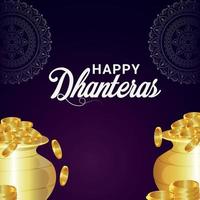 glad dhanteras indiska festival firande gratulationskort med guld mynt kruka på lila bakgrund vektor
