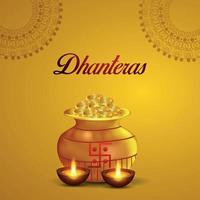 indisk festival glad dhanteras firande gratulationskort med guldmyntkruka på gul bakgrund vektor