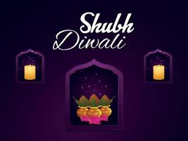 Shubh Diwali Feier Grußkarte mit Kalash auf lila Hintergrund vektor