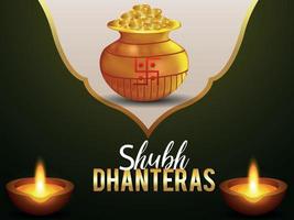 kreativt guldmynt kalash med diwali diya för glada dhanteras vektor