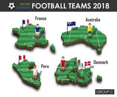 Nationale Fußballmannschaften 2018 Gruppe C Fußballspieler und Flagge auf 3D-Design-Landkarte isolierter Hintergrundvektor für das Konzept des internationalen Weltmeisterschaftsturniers 2018 vektor
