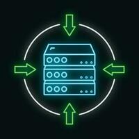 Fernbedienung Computer Server Daten Wolke Symbol glühen Neon- Stil, schützen Datenbank Lager Technologie Gliederung eben Vektor Illustration, isoliert auf Weiß.