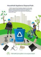 Menschen Sortierung Müll. Männer und Frauen trennen Abfall und werfen Müll in Recycling Mülleimer. Ökologie sekundär verwenden von Müll Sortieren, Abfall Trennung. vektor