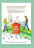 Menschen Sortierung Müll. Männer und Frauen trennen Abfall und werfen Müll in Recycling Mülleimer. Ökologie sekundär verwenden von Müll Sortieren, Abfall Trennung. vektor