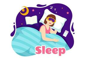sömn vektor illustration med Lycklig ung person är snabb sovande och har en ljuv dröm i sjukvård hand dragen bakgrund natt mallar