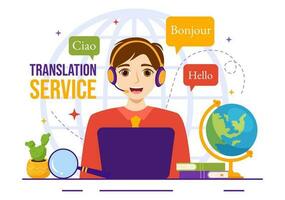 översättare service vektor illustration med språk översättning olika länder och flerspråkig använder sig av ordbok i hand dragen mallar