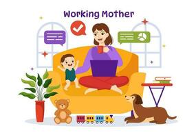 Arbeiten Mutter Vektor Illustration mit Mütter Wer tut Arbeit und nimmt Pflege von ihr Kinder beim das Zuhause im Multitasking Karikatur Hand gezeichnet Vorlagen