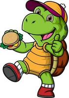 de söt sköldpadda är äter hamburgare vektor
