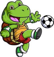 tecknad serie liten sköldpadda spelar fotboll vektor