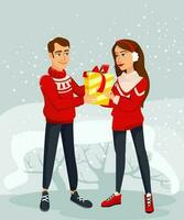 en man och en kvinna ge gåvor. jul atmosfär, snö och vinter- peyhazh. glad jul och Lycklig ny år. vektor illustration