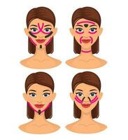 einstellen von jung schön Frau mit Kinesiologie Band auf ihr Gesicht, festziehen das Haut vektor