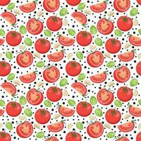 tomater sömlös mönster på en vit bakgrund. halv en tomat, en skiva och en hela tomat. sammansättning av tomater med basilika, vitlök och kryddor. vektor