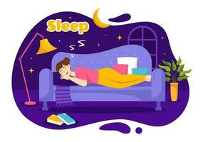 sömn vektor illustration med Lycklig ung person är snabb sovande och har en ljuv dröm i sjukvård hand dragen bakgrund natt mallar