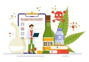 Narkologe Vektor Illustration zum Droge Sucht Bewusstsein, Alkohol und Tabak im Gesundheitswesen eben Karikatur Hand gezeichnet Hintergrund Vorlagen