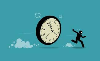 man jagar förbi klocka tid och löpning bort. vektor illustration skildrar begrepp av deadlines, på grund av datum, sent, slak, förhala, opunktionell, och inte tillräckligt tid.