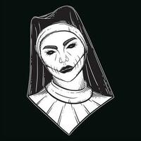 dunkel Kunst Nonne Mädchen Frauen Schädel Kopf Geist Grusel Schraffur Gliederung Stil Illustration vektor