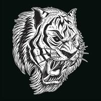 dunkel Kunst Tiger Kopf unheimlich wütend Tier Maskottchen schwarz und Weiß Hand gezeichnet Illustration vektor