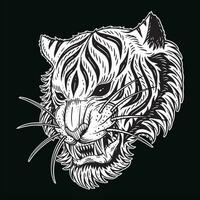 dunkel Kunst Tiger Kopf unheimlich wütend Tier Maskottchen schwarz und Weiß Hand gezeichnet Illustration vektor