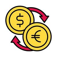 Dollar- und Euro-Münzen Linie und Füllstil vektor